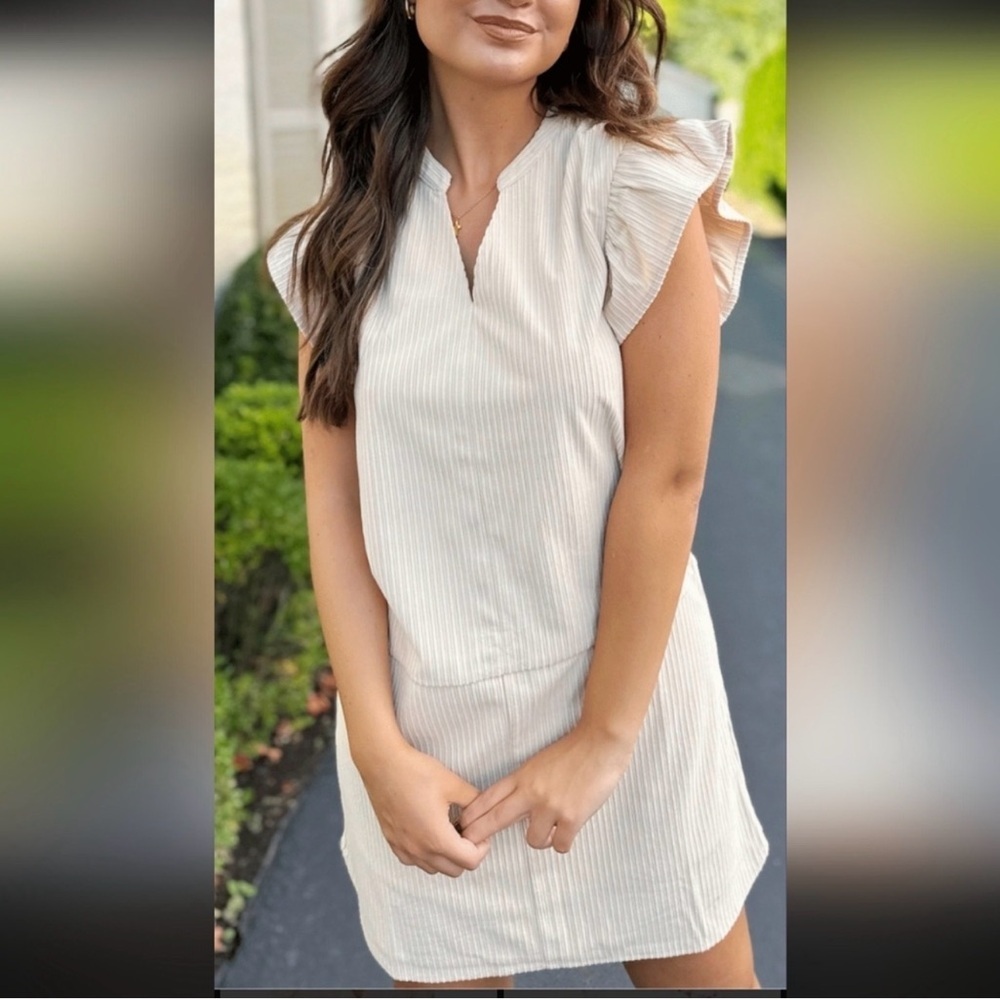 THML Med Graduation Bohemian Sadie Textured Striped Dress Ivory Flutter Sleeve